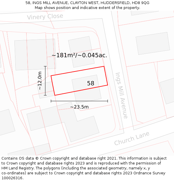 58, INGS MILL AVENUE, CLAYTON WEST, HUDDERSFIELD, HD8 9QG: Plot and title map