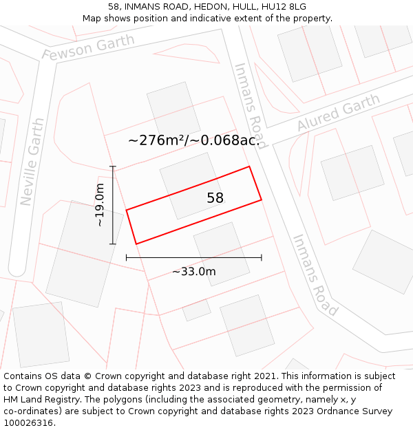 58, INMANS ROAD, HEDON, HULL, HU12 8LG: Plot and title map