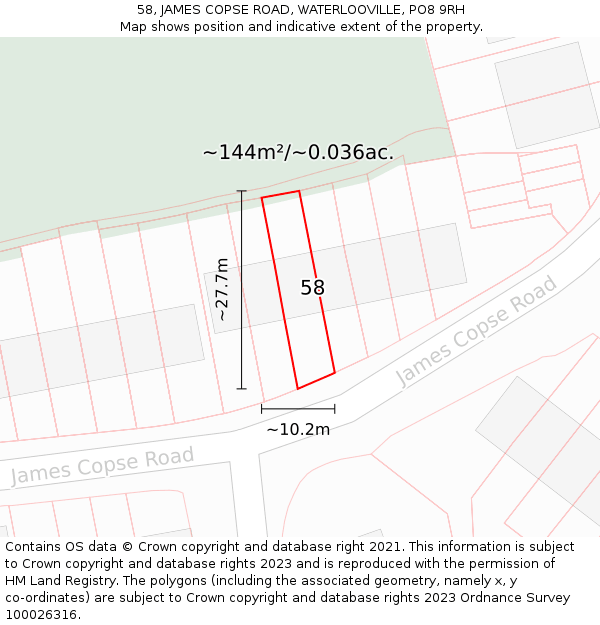 58, JAMES COPSE ROAD, WATERLOOVILLE, PO8 9RH: Plot and title map