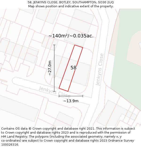 58, JENKYNS CLOSE, BOTLEY, SOUTHAMPTON, SO30 2UQ: Plot and title map