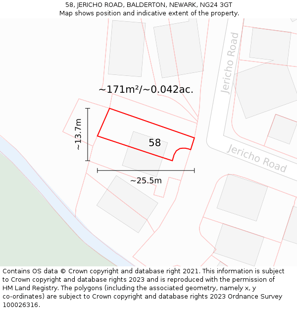 58, JERICHO ROAD, BALDERTON, NEWARK, NG24 3GT: Plot and title map