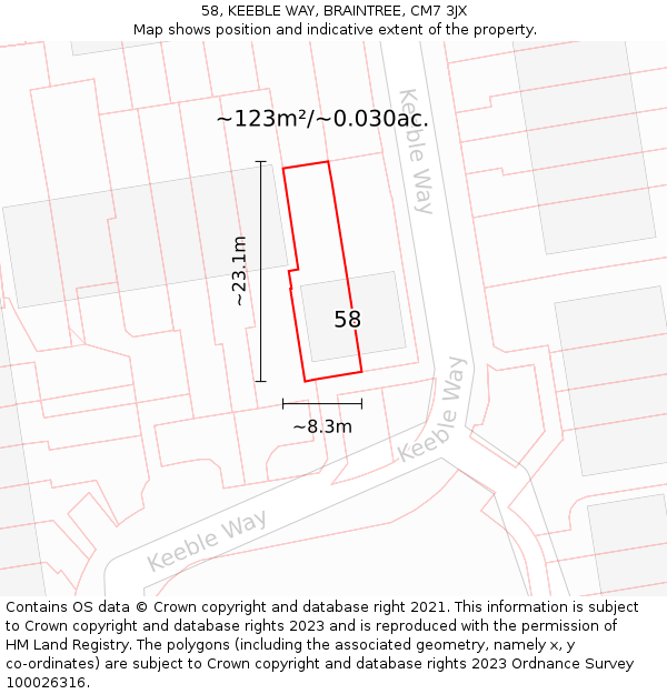 58, KEEBLE WAY, BRAINTREE, CM7 3JX: Plot and title map