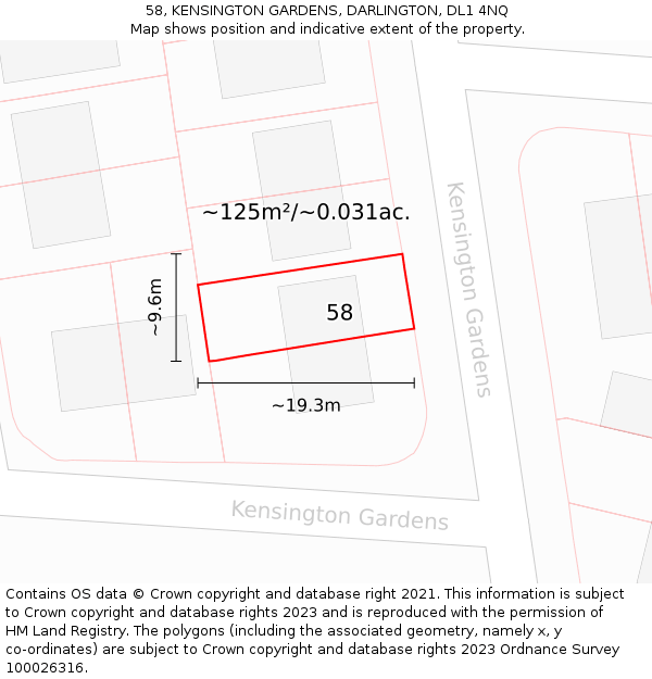 58, KENSINGTON GARDENS, DARLINGTON, DL1 4NQ: Plot and title map