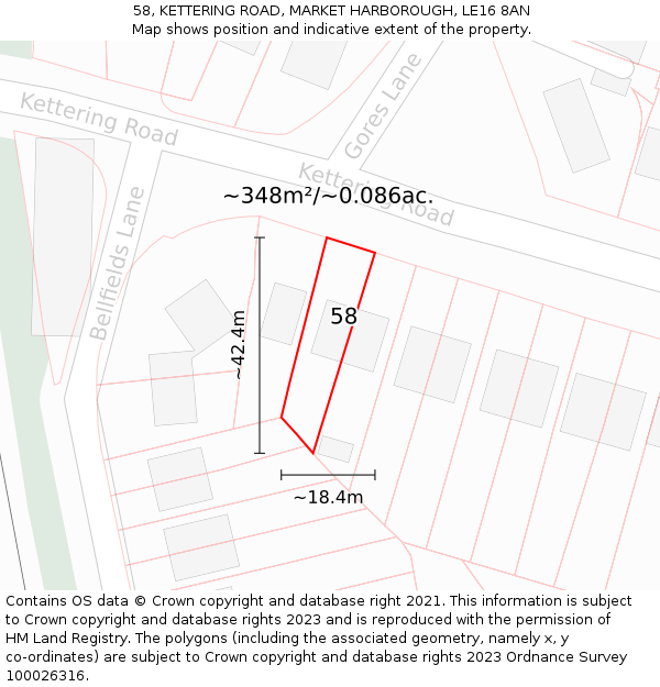 58, KETTERING ROAD, MARKET HARBOROUGH, LE16 8AN: Plot and title map