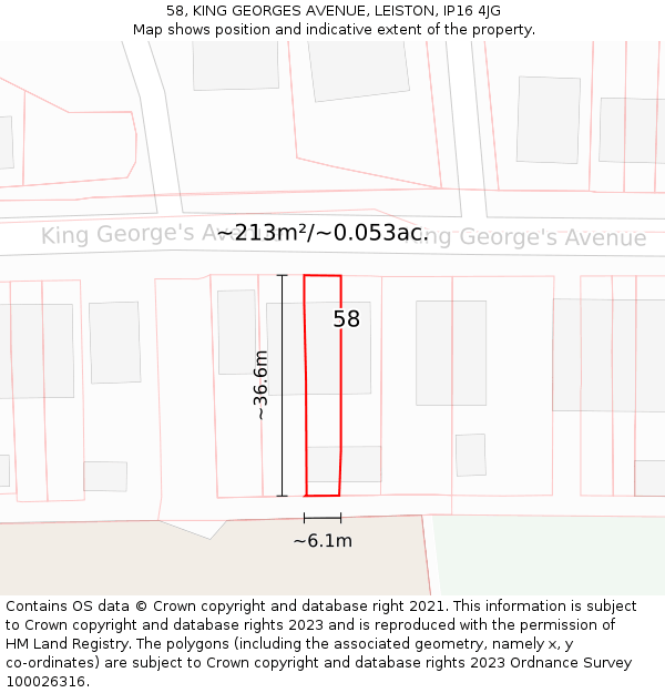 58, KING GEORGES AVENUE, LEISTON, IP16 4JG: Plot and title map