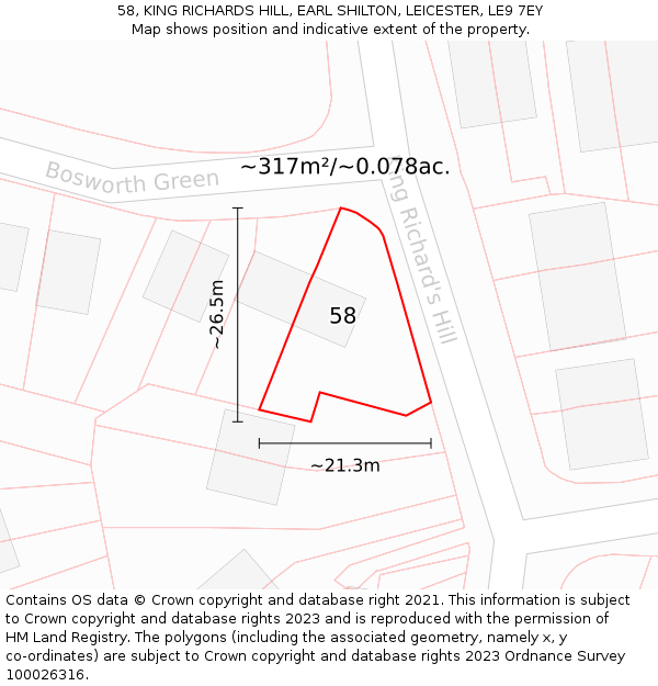 58, KING RICHARDS HILL, EARL SHILTON, LEICESTER, LE9 7EY: Plot and title map