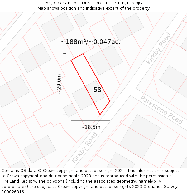 58, KIRKBY ROAD, DESFORD, LEICESTER, LE9 9JG: Plot and title map