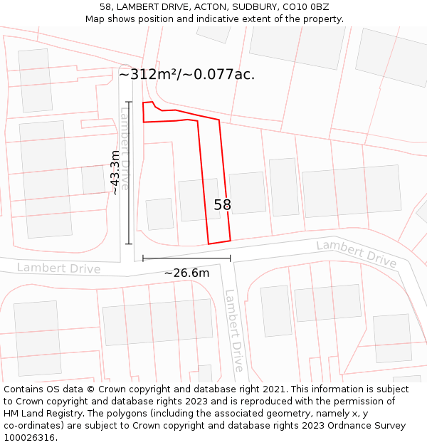 58, LAMBERT DRIVE, ACTON, SUDBURY, CO10 0BZ: Plot and title map