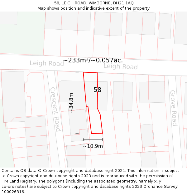 58, LEIGH ROAD, WIMBORNE, BH21 1AQ: Plot and title map