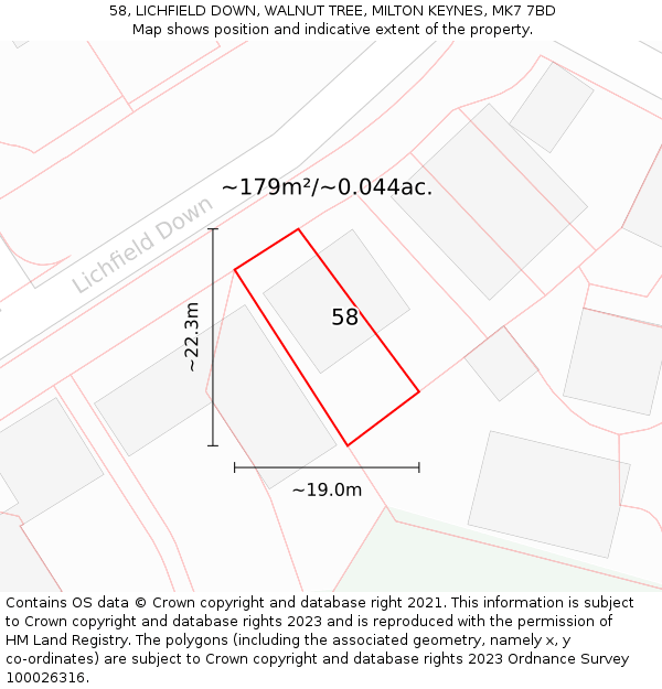 58, LICHFIELD DOWN, WALNUT TREE, MILTON KEYNES, MK7 7BD: Plot and title map