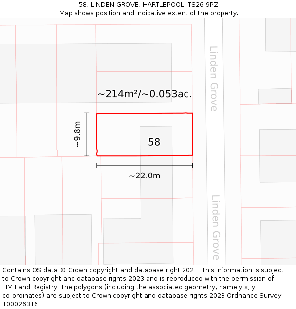 58, LINDEN GROVE, HARTLEPOOL, TS26 9PZ: Plot and title map