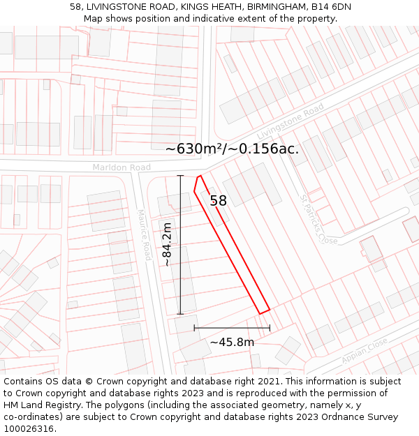 58, LIVINGSTONE ROAD, KINGS HEATH, BIRMINGHAM, B14 6DN: Plot and title map