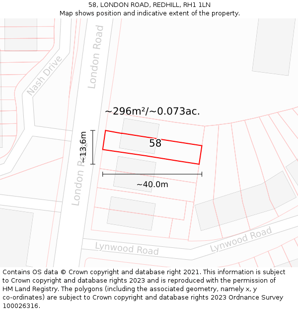 58, LONDON ROAD, REDHILL, RH1 1LN: Plot and title map