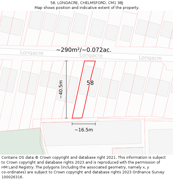 58, LONGACRE, CHELMSFORD, CM1 3BJ: Plot and title map