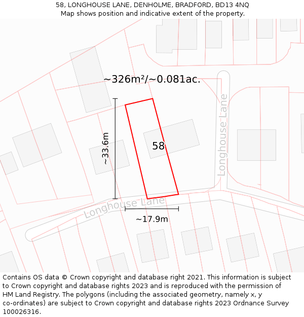 58, LONGHOUSE LANE, DENHOLME, BRADFORD, BD13 4NQ: Plot and title map