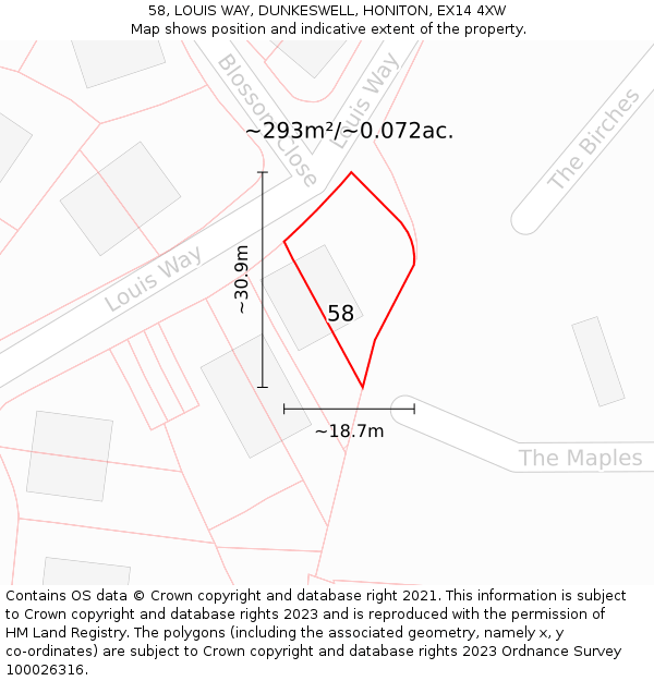 58, LOUIS WAY, DUNKESWELL, HONITON, EX14 4XW: Plot and title map