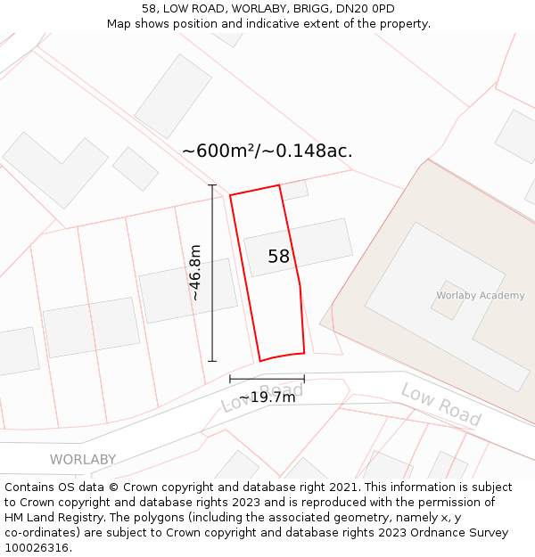 58, LOW ROAD, WORLABY, BRIGG, DN20 0PD: Plot and title map