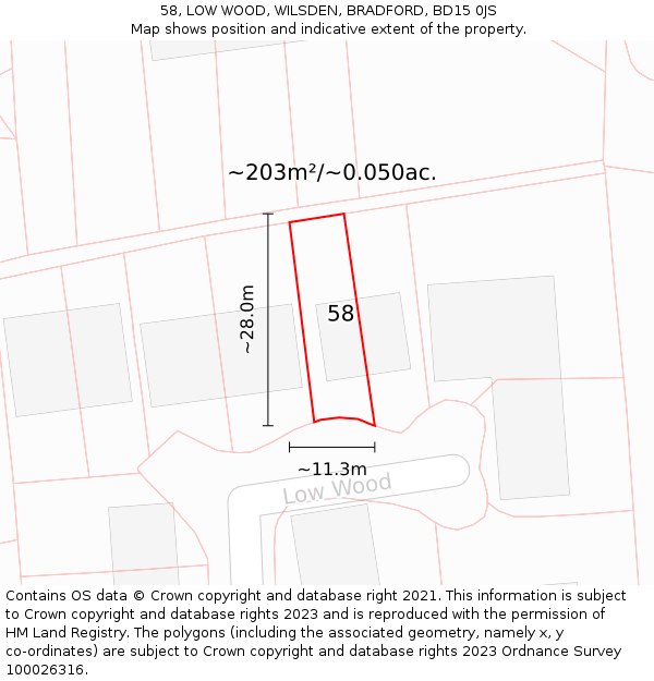 58, LOW WOOD, WILSDEN, BRADFORD, BD15 0JS: Plot and title map