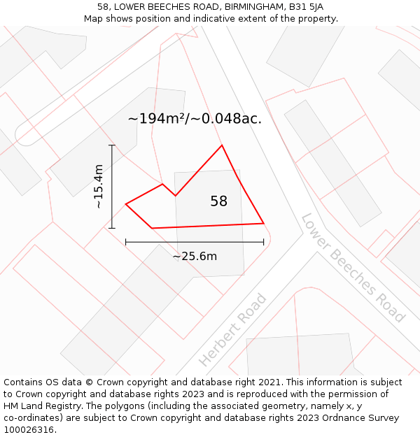 58, LOWER BEECHES ROAD, BIRMINGHAM, B31 5JA: Plot and title map