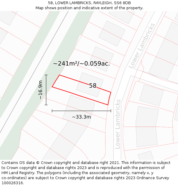 58, LOWER LAMBRICKS, RAYLEIGH, SS6 8DB: Plot and title map