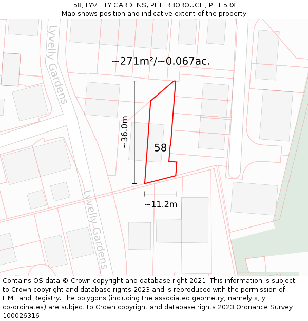 58, LYVELLY GARDENS, PETERBOROUGH, PE1 5RX: Plot and title map