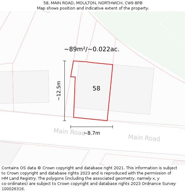 58, MAIN ROAD, MOULTON, NORTHWICH, CW9 8PB: Plot and title map