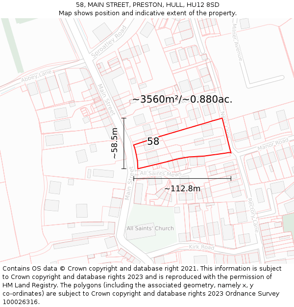 58, MAIN STREET, PRESTON, HULL, HU12 8SD: Plot and title map