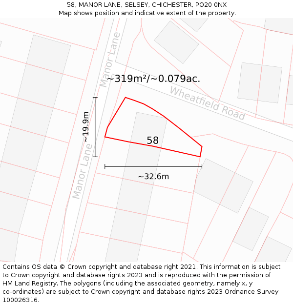 58, MANOR LANE, SELSEY, CHICHESTER, PO20 0NX: Plot and title map