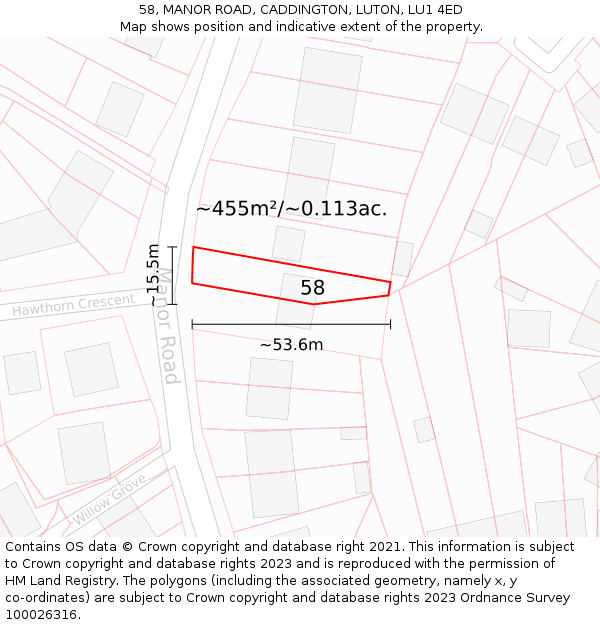 58, MANOR ROAD, CADDINGTON, LUTON, LU1 4ED: Plot and title map