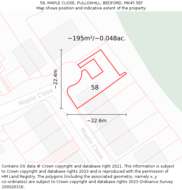 58, MAPLE CLOSE, PULLOXHILL, BEDFORD, MK45 5EF: Plot and title map