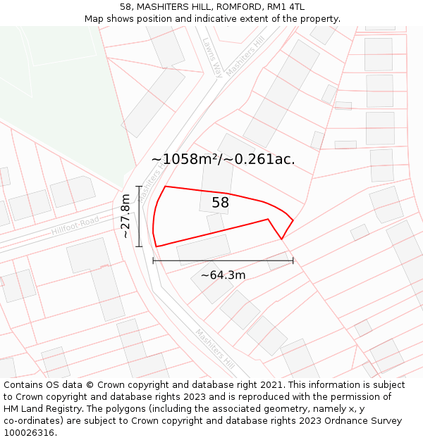 58, MASHITERS HILL, ROMFORD, RM1 4TL: Plot and title map