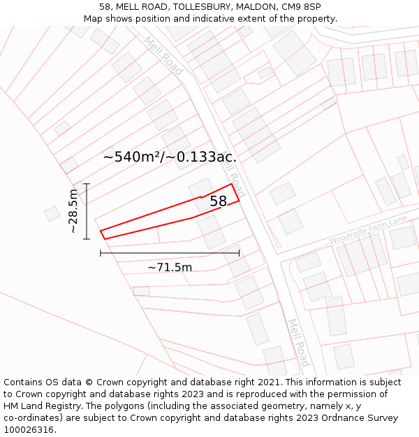 58, MELL ROAD, TOLLESBURY, MALDON, CM9 8SP: Plot and title map