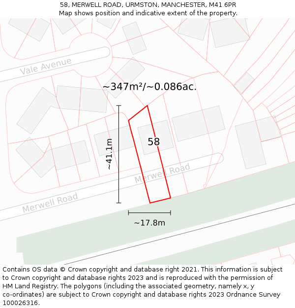 58, MERWELL ROAD, URMSTON, MANCHESTER, M41 6PR: Plot and title map