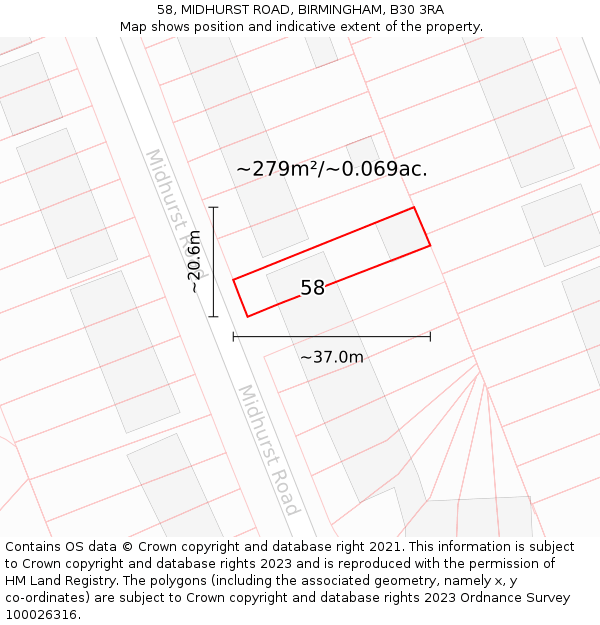 58, MIDHURST ROAD, BIRMINGHAM, B30 3RA: Plot and title map