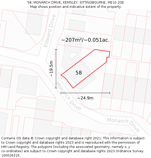 58, MONARCH DRIVE, KEMSLEY, SITTINGBOURNE, ME10 2GE: Plot and title map