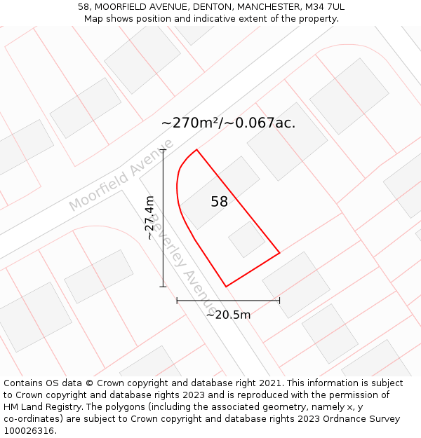 58, MOORFIELD AVENUE, DENTON, MANCHESTER, M34 7UL: Plot and title map