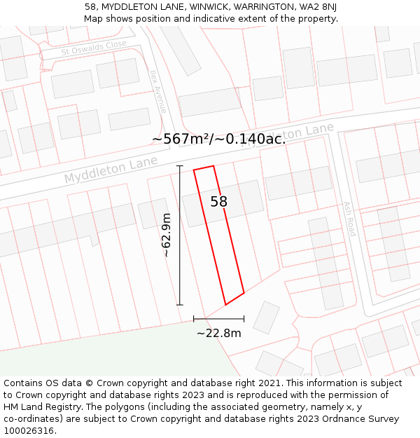 58, MYDDLETON LANE, WINWICK, WARRINGTON, WA2 8NJ: Plot and title map