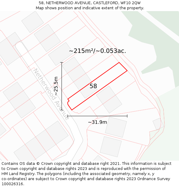 58, NETHERWOOD AVENUE, CASTLEFORD, WF10 2QW: Plot and title map