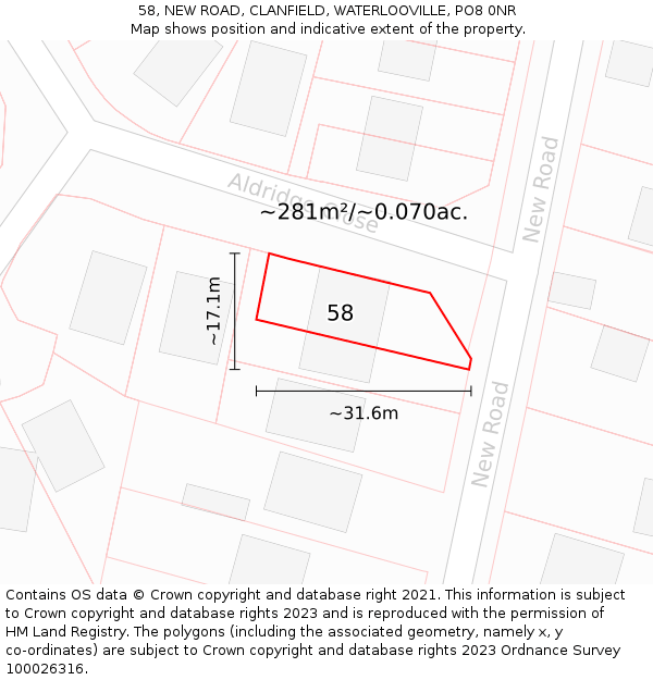 58, NEW ROAD, CLANFIELD, WATERLOOVILLE, PO8 0NR: Plot and title map