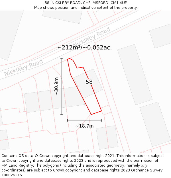 58, NICKLEBY ROAD, CHELMSFORD, CM1 4UF: Plot and title map