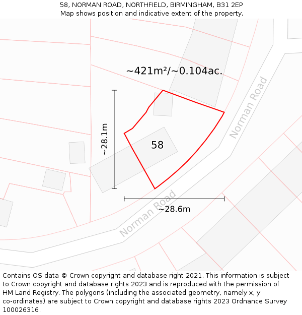 58, NORMAN ROAD, NORTHFIELD, BIRMINGHAM, B31 2EP: Plot and title map