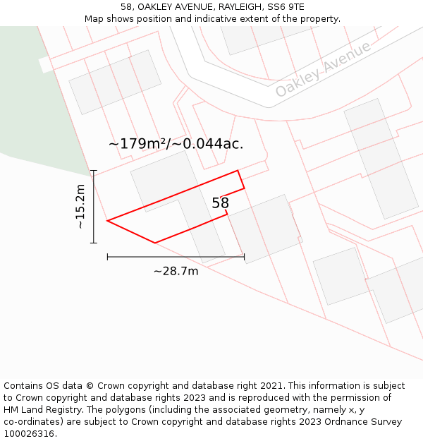 58, OAKLEY AVENUE, RAYLEIGH, SS6 9TE: Plot and title map