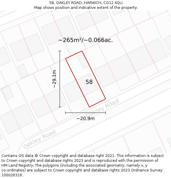 58, OAKLEY ROAD, HARWICH, CO12 4QU: Plot and title map