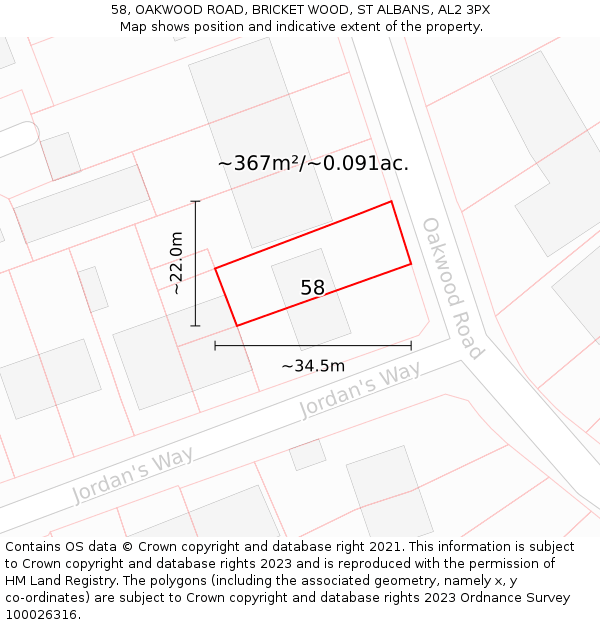 58, OAKWOOD ROAD, BRICKET WOOD, ST ALBANS, AL2 3PX: Plot and title map