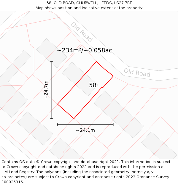 58, OLD ROAD, CHURWELL, LEEDS, LS27 7RT: Plot and title map