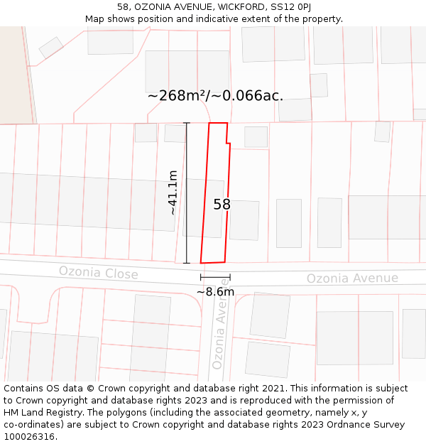 58, OZONIA AVENUE, WICKFORD, SS12 0PJ: Plot and title map