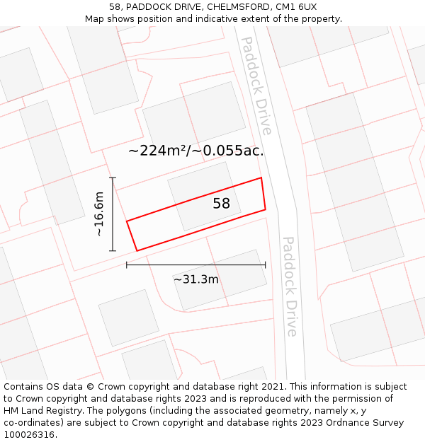 58, PADDOCK DRIVE, CHELMSFORD, CM1 6UX: Plot and title map