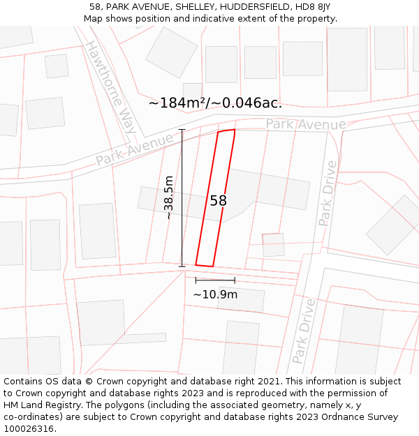 58, PARK AVENUE, SHELLEY, HUDDERSFIELD, HD8 8JY: Plot and title map