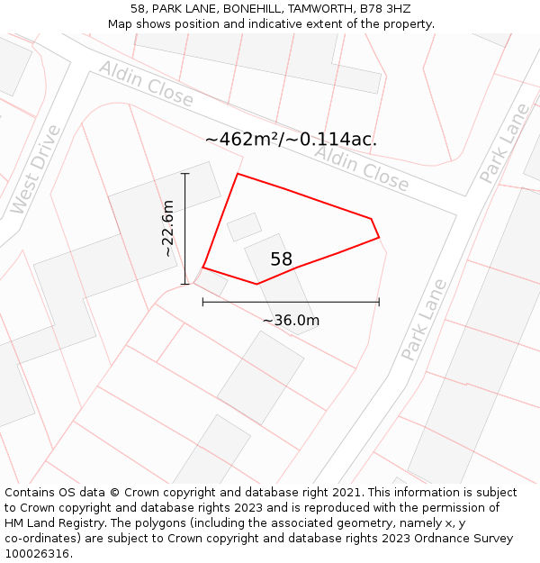 58, PARK LANE, BONEHILL, TAMWORTH, B78 3HZ: Plot and title map