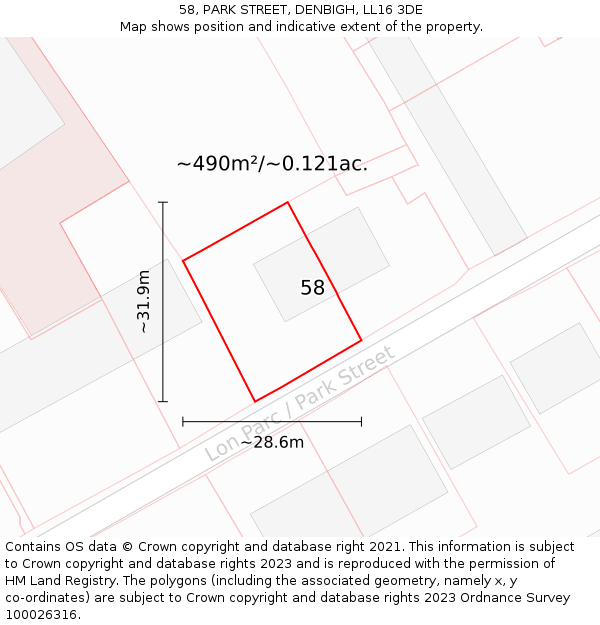 58, PARK STREET, DENBIGH, LL16 3DE: Plot and title map